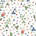 Floral seamless vector pattern from simple wildflowers, twigs and leaves on a white background. Royalty Free Stock Photo