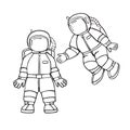 Two little astronauts. Cartoon linear vector hand drawing icons isolated on white background.