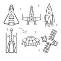 Cartoon spaceships. Set of vector coloring pages isolated on white background. Linear hand drawings.