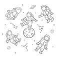 Doole set of little astronauts. Cartoon linear vector hand drawing icons set.