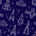 Cartoon flying spaceships in outer space among the planets and stars. Seamless vector pattern. Royalty Free Stock Photo