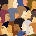 A group of diverse multicultural women. Colored vector seamless pattern.