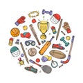 Sports equipment, uniforms, accessories vector hand drawing set in the shape of a circle. Royalty Free Stock Photo