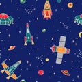 Various cartoon spaceships, stars, planets. Seamless colorful vector pattern on a blue sky background.