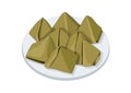 Khanom Sod-Sai thai name Steamed Flour with Coconut Filling. Ancient Thailand dessert wrapped leaves and stuffed dough pyramid d