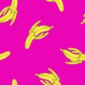 Banana fruit. Bright summer seamless vector pattern on pink background.