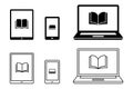 E-book icon mark and computer, tablet and smartphone line drawing vector illustration black and white material set