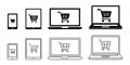 Online shopping, shopping cart and laptop, tablet, phone. Illustration black and white icon material set