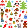 Christmas decorations and symbols of animals, trees, holiday decor in red and green Royalty Free Stock Photo
