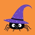 Cute cartoon black spider in purple witch hat on orange background Royalty Free Stock Photo