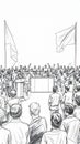 A monochrome illustration depicts a large crowd gathered around a central figure standing at a podium Generative-AI Royalty Free Stock Photo