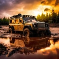 4x4 adventure as you witness a rugged truck conquering the muddy terrain deep within the forest.