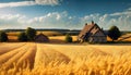 A picturesque countryside scene, with a quaint farmhouse surrounded by wheat crop