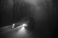 4x4 car in the mist forest in Osona, Barcelona, Spain