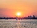 "Clipper City" schooner on the Upper Bay in New York City, United States during bright sunset Royalty Free Stock Photo