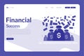 Vector illustration of a financial success web page with money bags, dollar bills, and modern purple and white layout Royalty Free Stock Photo