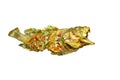 Deep fried blacktip grouper fish dressing sweet chili sauce on white background Royalty Free Stock Photo