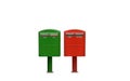 Red and green postbox on white background