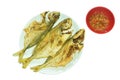 deep fried giant kingfish arranging on plate in white background