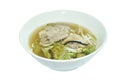 boiled slice braised pork and bean sprout with cabbage in black herb soup on bowl Royalty Free Stock Photo