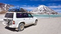 A 4x4 expedition vehicle in front of Laguna Verde and the Licancabur Volcano, Reserva Eduardo Avaroa, Sud Lipez province, Bolivia