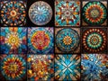 4x3 grid collage, of an array of various stained glass pieces