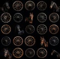 5x5 grid collage of of wagon wheels and horses