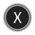 X letter in circle frame in floral ornament style on black color and white background