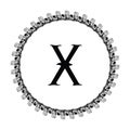 X letter in circle frame in floral ornament style on black color and white background