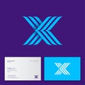X letter consist of three blue strips. X monogram like meeting arrows. Business card.