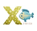 X letter and cute X-ray fish baby animal. Zoo alphabet for children education, home or kindergarten decor cartoon vector Royalty Free Stock Photo