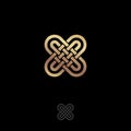 X letter. X monogram consist of inwrought gold lines, like loops, isolated on a dark background. Royalty Free Stock Photo