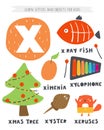 X letter objects and animals including Xmas tree, x ray fish, ximenia, xylophone, xyster, xeruses.