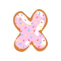 X letter in the shape of sweet glazed cookie, bakery edible font of English alphabet vector Illustration on a white