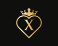 X Logo With Crown and Love Shape. Heart Letter X Logo Design, Gold, Beauty, Fashion, Cosmetics Business, Spa, Salons, And Yoga Royalty Free Stock Photo
