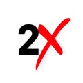 2x logo icon. X2 text letter, double faster logotype symbol