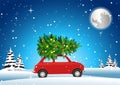 Red car carry on christmas tree to decorate on big holiday in winter night Royalty Free Stock Photo