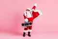 X-mas christmas disco party concept. Full length photo cool funky overweight santa claus ready listen boom box retro