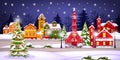 Winter Christmas landscape with holiday town, snow, houses, night sky, stars,decorated pine.