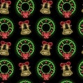 X-mas seamless pattern with neon icons of Cristmas wreath and bells on black background. Winter holidays, Christmas, New