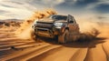 4x4 off-road SUV driving fast in the desert bashing sand dunes