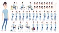 Young man character collection. Set of different poses and situation. Modern flat cartoon style.