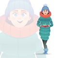 Happy beauty girl in winter fashion holds gift. Cartoon modern flat style