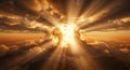 Dramatic Golden Sunlight Beams Bursting Through Dark Clouds: Spiritual Heaven Concept Royalty Free Stock Photo