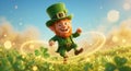 Happy 3D Leprechaun Running in Magical Green Clover Field Royalty Free Stock Photo