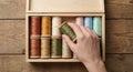 Hand Selecting a Spool of Thread from a Wooden Box of Sewing Supplies Royalty Free Stock Photo