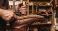 Shoemaker Gluing and Pressing a Sole onto a Leather Boot with a Clamp Royalty Free Stock Photo