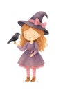 Cute Watercolor Witch with Raven â Halloween Clipart Royalty Free Stock Photo