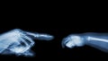 X-ray adult`s hand point finger at left side and baby`s hand at right side. Blank area at upper side Royalty Free Stock Photo