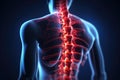 X-Ray image of human body with highlighted spine against blue background, Spine injury pain in sacral and cervical region concept